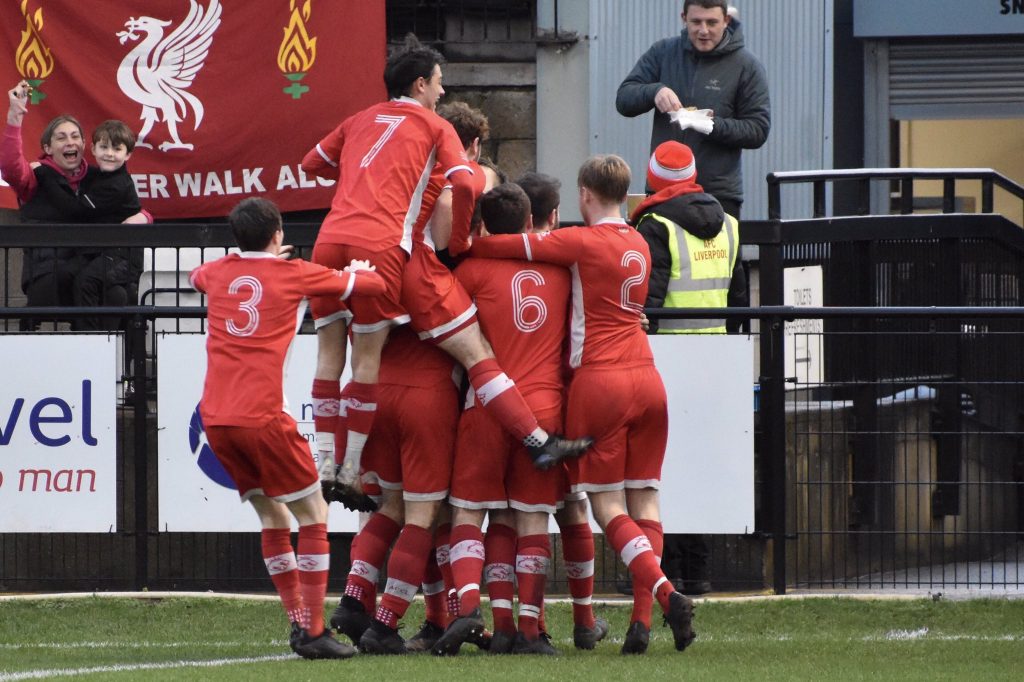 AFC Liverpool celebrate after scoring in the FA Vase against Pilkington