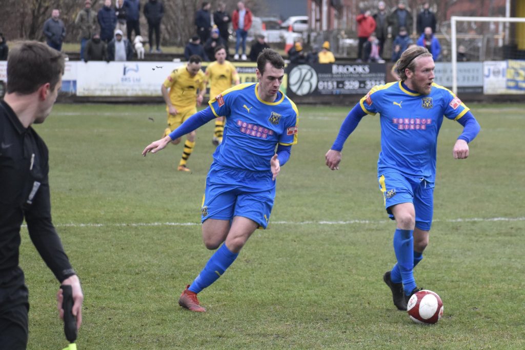 Tom Peterson and Jordan Wynne in action for Bootle against Prescot Cables