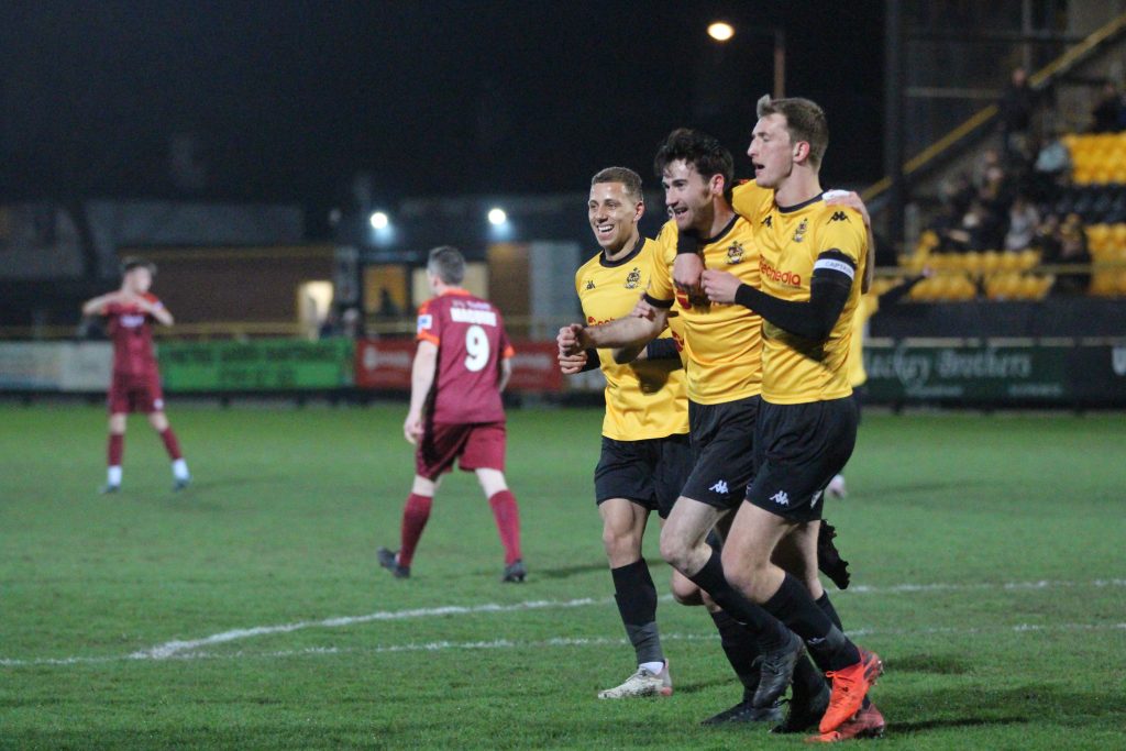 George Newell celebrates for Southport vs Blyth Spartans.