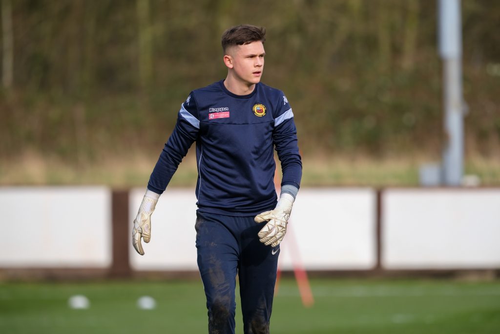 Prescot Cables temporary goalkeeper Jed Ward in action prior to his return to Bristol Rovers