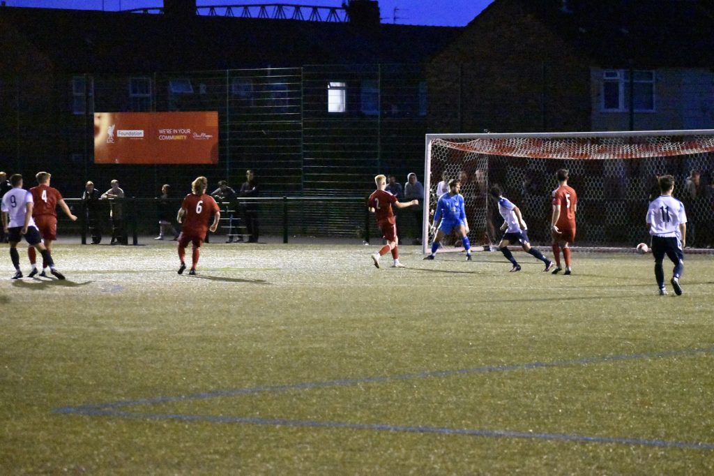 Lewis Buckley's effort which proved to be the winner for Vauxhall Motors vs Lower Breck