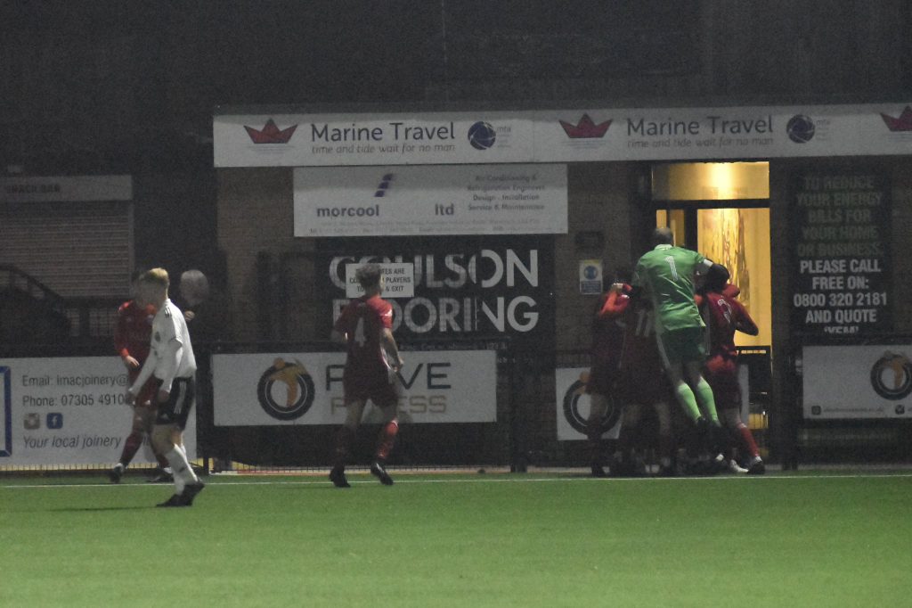 AFC Liverpool celebrate their late winner against Lower Breck in the Liverpool Senior Cup